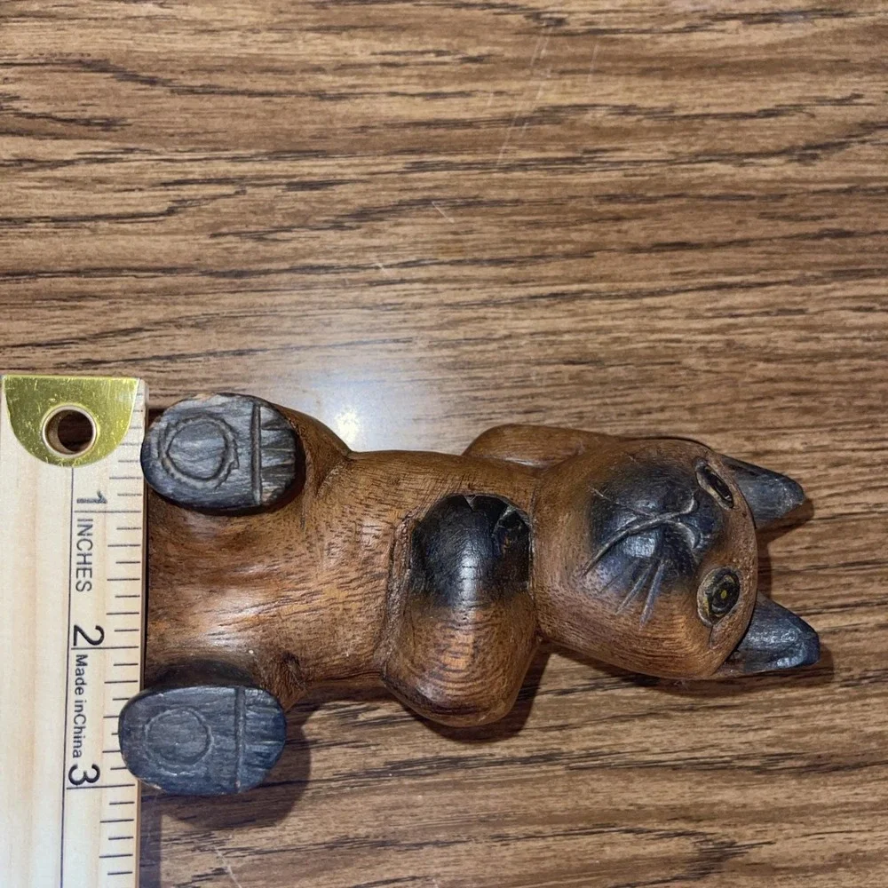 Vintage Hand-Carved Wood Cat Shelf Sitter - Whimsical Reclining Siamese Folk Art